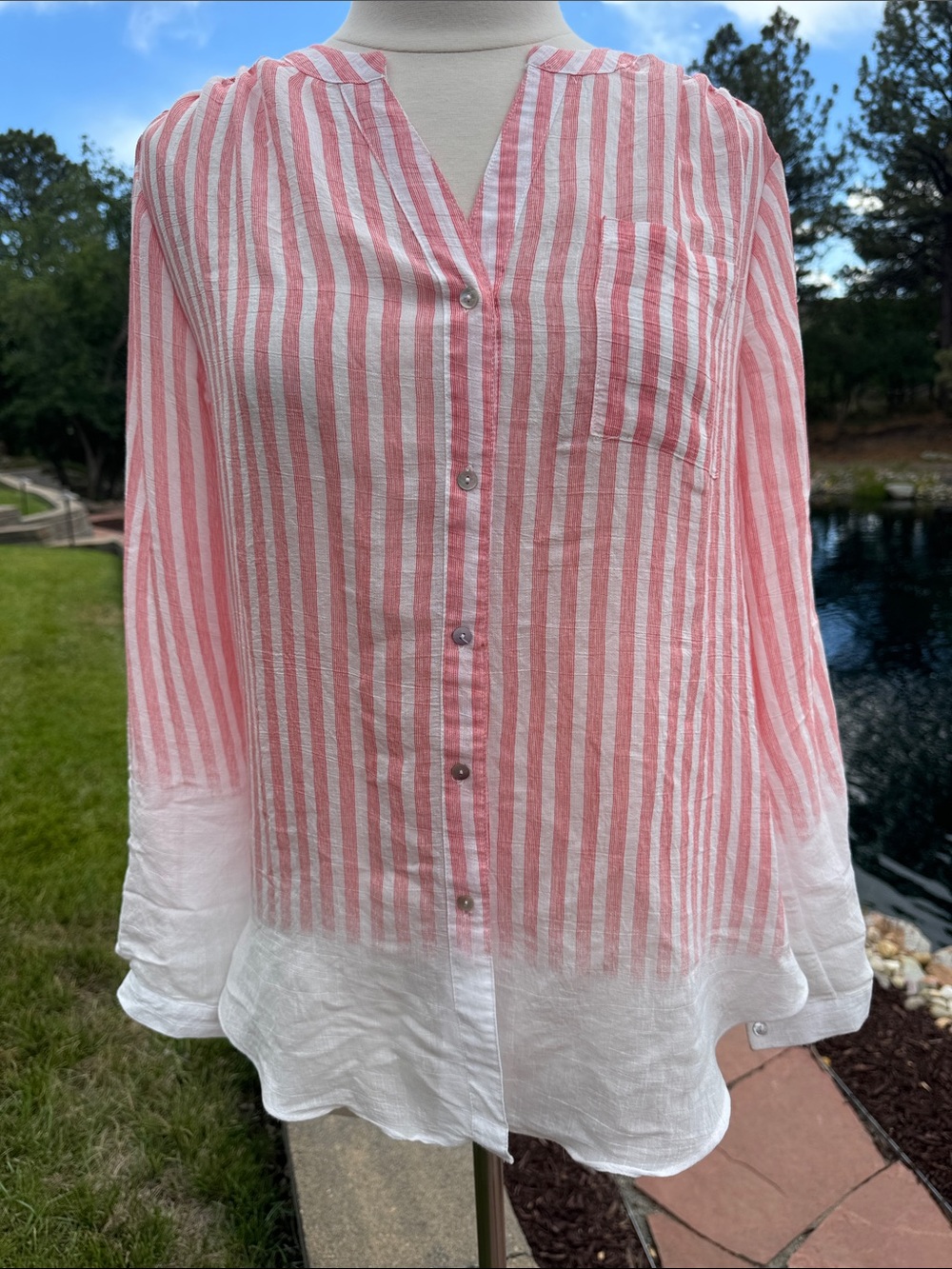 Red and White Vertical Striped Button-Up Womens Top With Dip Dye White Bottom